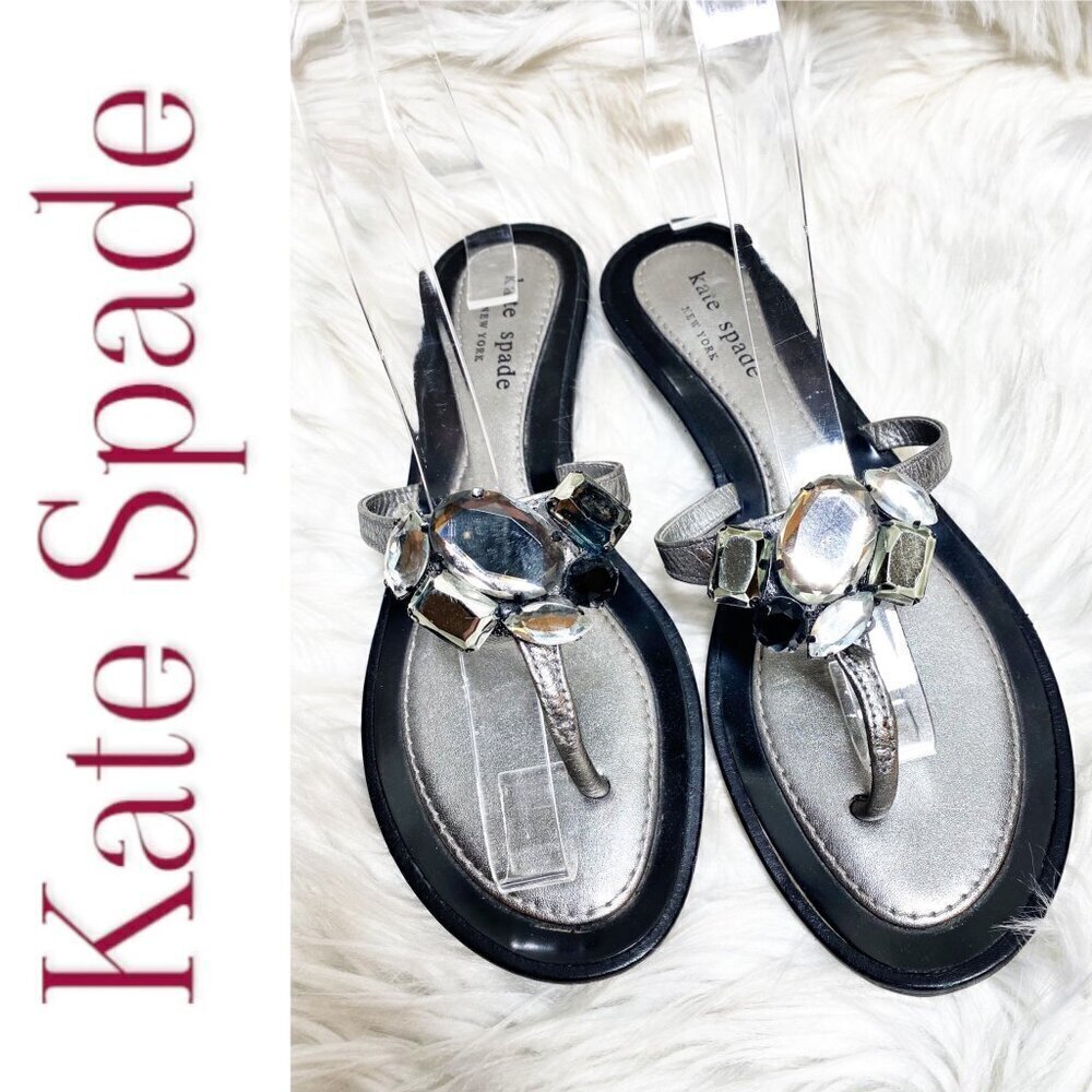 KATE SPADE Silver‎ Crystal Jewel Embellished Thong Sandals, Size 6.5